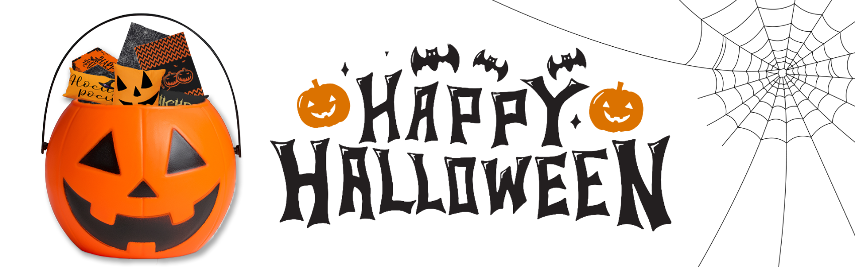 Halloween-themed banner with a pumpkin bucket, pumpkins, and 'Happy Halloween' text on a white background.